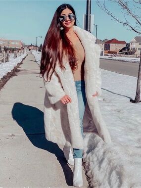 Women's White Faux Fur Long Coat - Luxe Open Front Cape